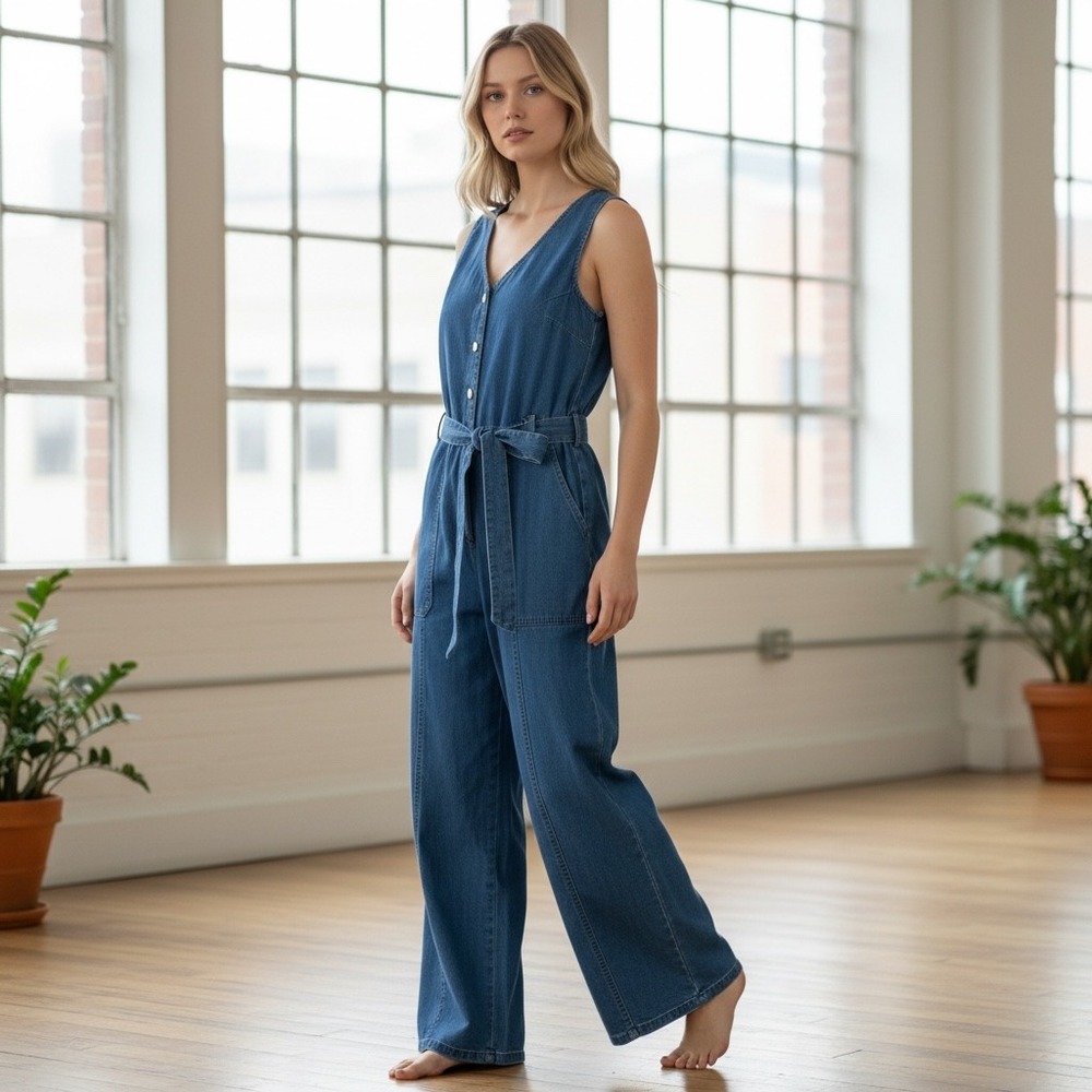 UNIVERSAL STANDARD Sleeveless Denim Jumpsuit S 14-16 Belted Wide Leg Boho Casual